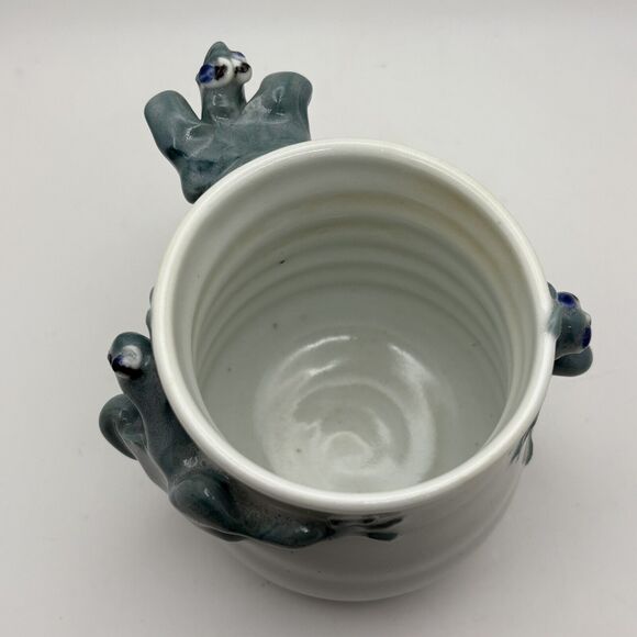 Hand Thrown Frog Mug Pottery White Green 3D Blue Eyes Three Frogs Handled - Picture 6 of 7